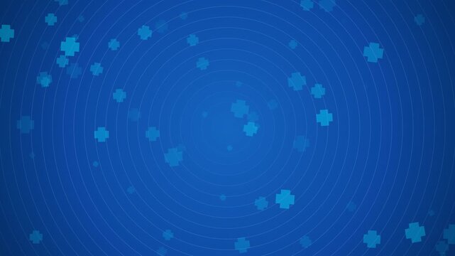 Blue medical healthcare background loop featuring cross icons floating and spinning over abstract concentric radar lines. Perfect for clinical science and pharmacy presentation slides
