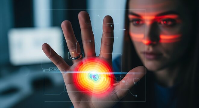 Usability analysis concept. A UX specialist's hands observe a 'heatmap' on a holographic hand, showing the most touched areas in red, symbolizing usability analysis.