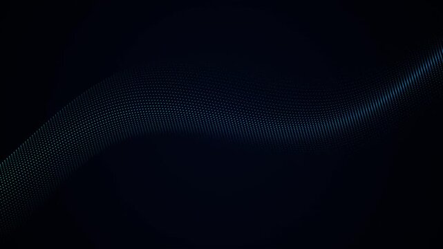 Abstract technology background loop featuring a flowing wave of blue glowing particle dots over a dark backdrop. Perfect for corporate tech and cyber security presentation slides