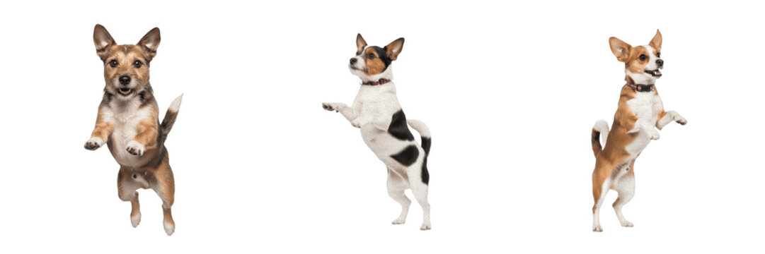 Set of Three Energetic Jack Russell Terrier Dogs Standing on Hind Legs Isolated on White Background, High-Resolution Pet Photography for Animal Training, Veterinary Concepts, Happy Puppy Care, Active 