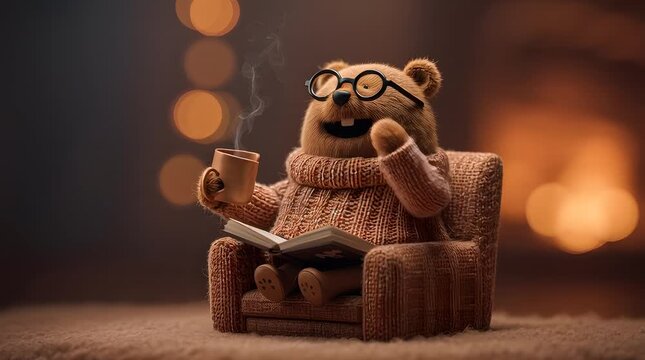 Cozy brown bear cub in warm sweater reading a book and drinking a hot beverage by the fireplace