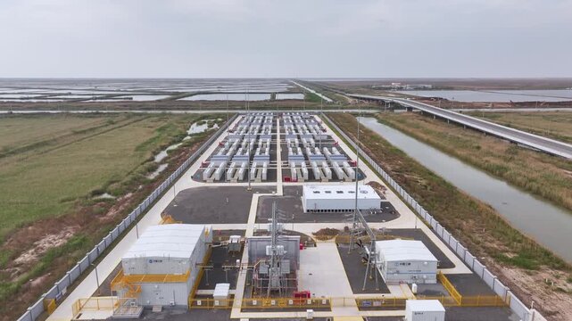 Aerial view of energy storage power station facilities in wetland area with industrial buildings and natural landscape