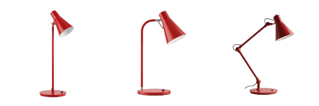 Collection of modern red desk lamps isolated on a white background, adjustable metallic table lighting fixtures for office and home, high resolution studio shot for professional interior design and wo