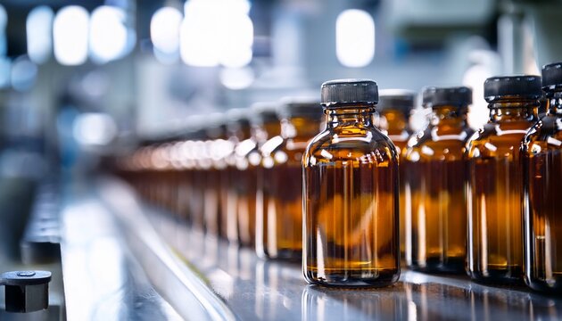 brown glass bottles in pharmaceutical factory symbolizing medicine production and sterile process
