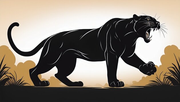 fierce black panther silhouette roaring aggressively in a ready to pounce stance