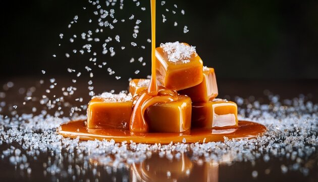 flying salty caramel candy topped with salt crystals and pouring caramel sauce