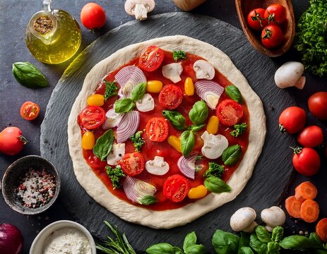 fresh pizza dough with vibrant ingredients on a stone table ready for cooking
