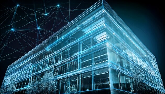 generate a 3d x ray of an office building overlay the image with abstract plexus featuring a mesmerizing interplay of lines and dots