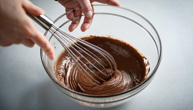 minimalistic composition chocolate muffin batter being mixed in a glass bowl whisking cake batter in a glass mixing bowl the process of making chocolate muffins