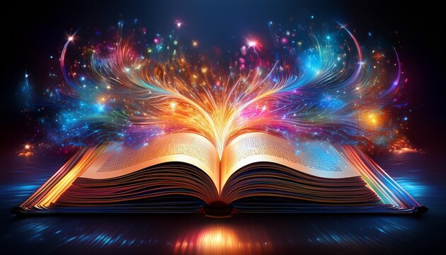 open book with glowing light emerging concept of learning and knowledge dark background generative ai