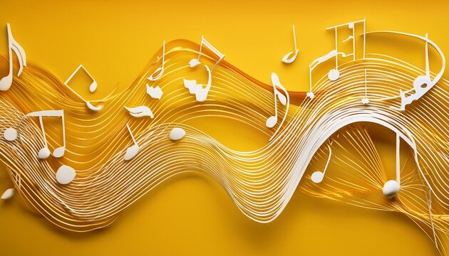 music notes wavy staff white musical notation and flowing melody lines on solid mustard yellow background ideal for music audio podcast and creative design projects