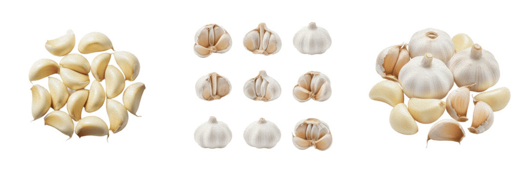 set, High quality collection of fresh white garlic bulbs and individual peeled cloves isolated on a white background