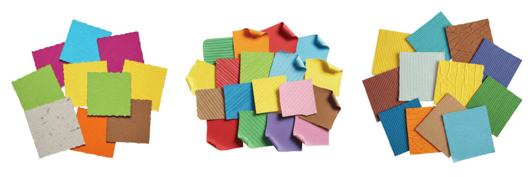 Set of Three Creative Arrangements of Colorful Square Sticky Notes and Paper Memos, Multi-Color Office Supplies, Isolated on White Background, High Quality Professional Studio Stock Asset PNG