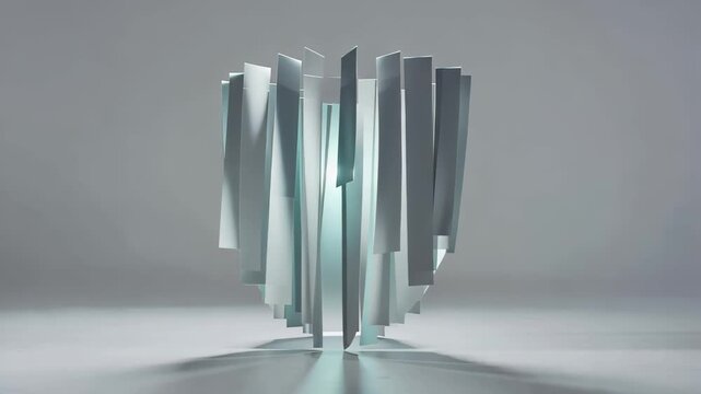 Abstract circular arrangement of vertical reflective metallic strips on gray background