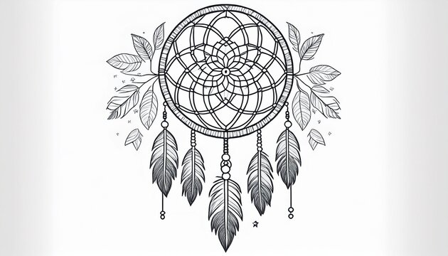 simple line drawing of a dream catcher with hanging leaves design