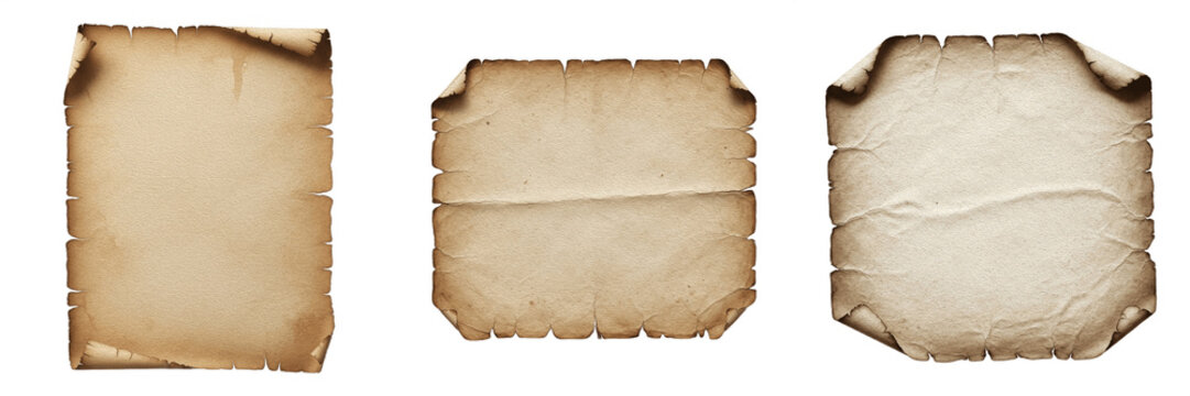 Set vintage aged old paper scrolls isolated on white background for historic projects blank parchment textures with burnt edges and folded corners high resolution classic stationery design element for