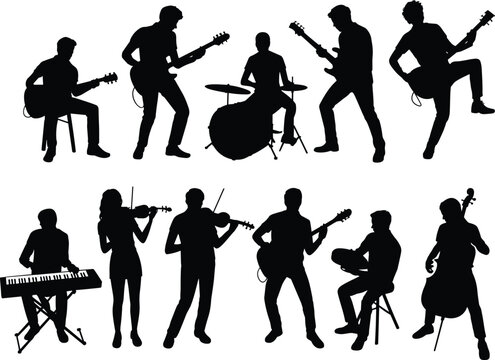 Large collection of professional musician silhouettes including guitarists drummer keyboardist violinists and cellist performing on white background