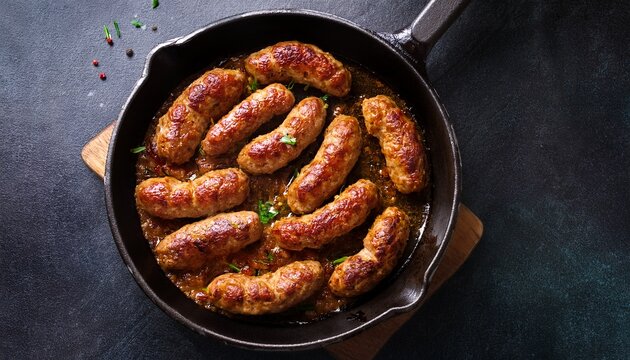 juicy pork chipolatas sizzling in a skillet on a dark stone surface