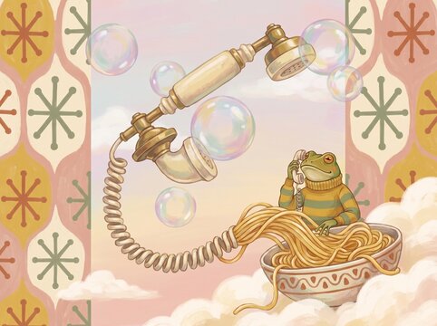 Whimsical frog talking on noodle telephone in surreal sky illustration