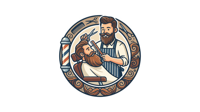 Barber haircutting beard in vintage shop logo, retro style, scissors and comb