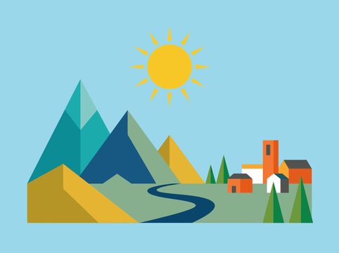 Geometric Mountain Landscape Illustration with Village, Sun, and River in Flat Design Style