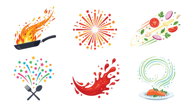 Food element and culinary icons set featuring cooking process and fresh ingredients