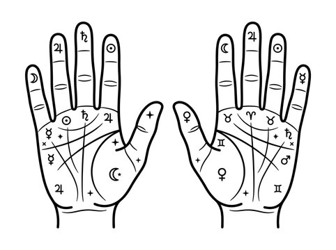 Palmistry and Chiromancy Vector Illustration with Astrology Symbols, Planetary Signs and Hand Lines for Fortune Telling and Esoteric Occult Design