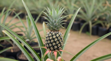 Fototapeta premium Young Ripening Pineapple Growing in a Rustic Tropical Garden