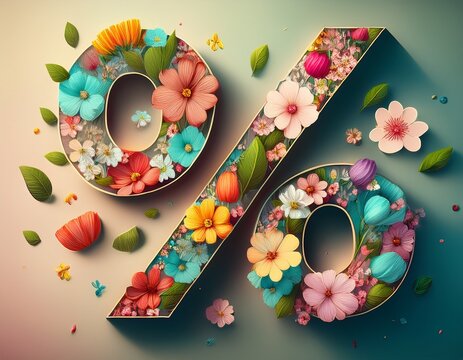 percentage sign with blooming spring flowers and petals