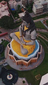 Aerial Drone Shot of Lord Shiva Statue at Char Dham Temple, Vrindavan, Mathura, India
