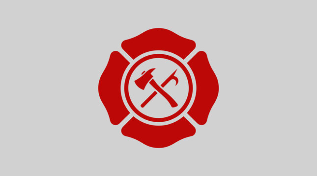 Distinctive red emblem for fire safety and emergency services, featuring a crossed axe and pike pole within a St. Florian's style cross, symbolizing protection and the courageous work of firefighters