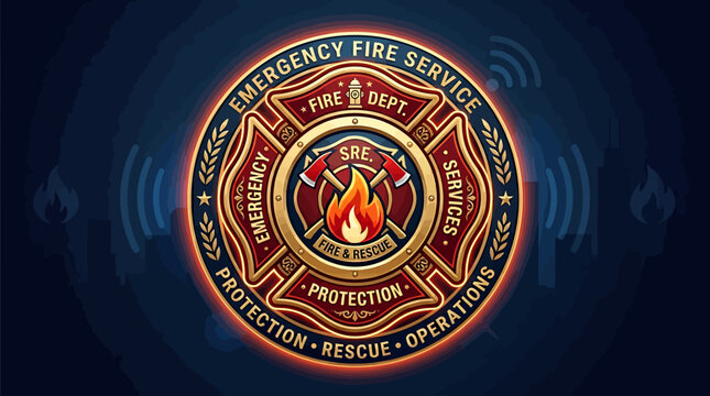 Highly detailed vector emblem for emergency fire services, showcasing a Maltese cross, traditional fire fighting tools, and flames, surrounded by motto text for protection and rescue operations