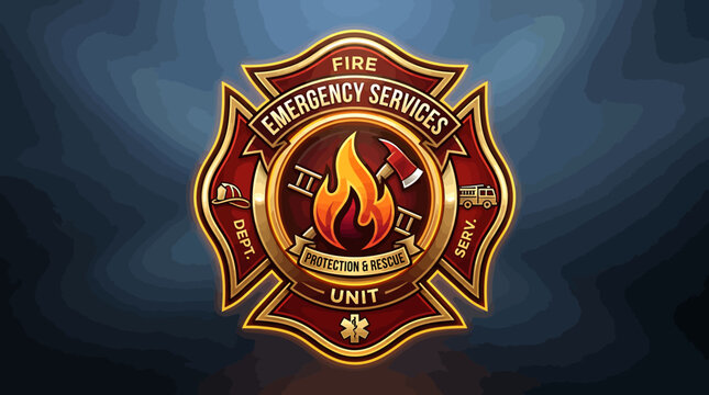 Vector emblem for fire emergency services. Detailed Maltese cross with flame, axe, and helmet, symbolizing protection, rescue, and courage of emergency responders