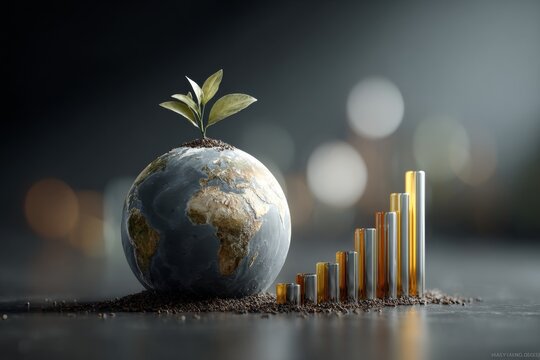 Planetary blossoming: nature's triumph over adversity. Financial planning. Enhanced elements: a planet embracing its green identity. Financial charts. Revenue increase.