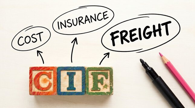 Cif shipping terms concept with colorful wooden blocks and business supplies on white background