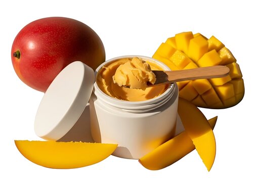 Fresh mango butter in a small cosmetic jar with sliced mango fruits. mango butter