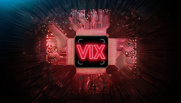 close up of glowing red vix text on a dark digital circuit board representing the volatility index in finance