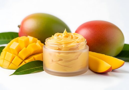 Jar of organic mango body butter cream with fresh tropical mango fruit slices and green leaves. mango butter