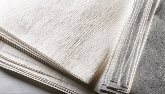 stacked white handmade paper with deckle edges cotton sheet texture background layered rough fibrous surfaces for elegant stationery design
