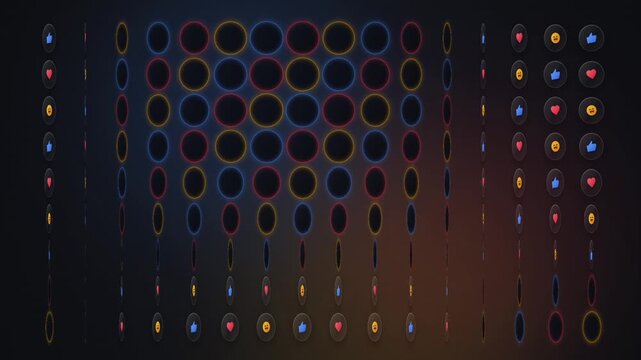 Glowing neon dots on dark background colorful lights futuristic technology concept abstract motion video blue red yellow orange hues grid pattern dynamic movement vibrant colors tech background