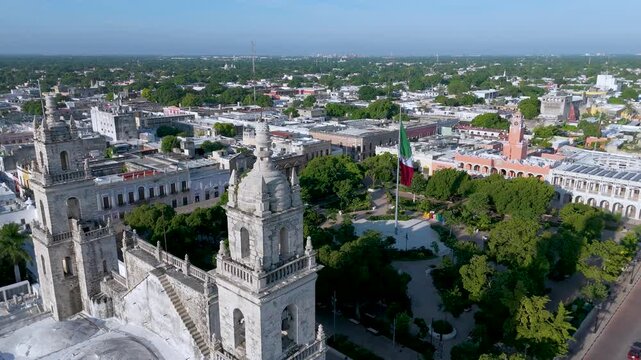 Aerial perspective of the Main Square featuring the Cathedral and Government Palace in Merida Mexico.