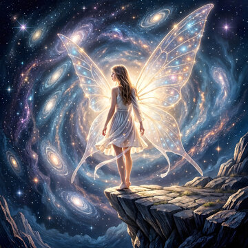 A solitary, ethereal fairy, her form subtly shifting like cosmic dust