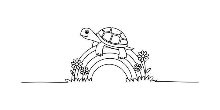 Cute cartoon turtle sitting on a rainbow with flowers and grass