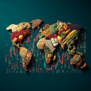 Earth's abundance in color: highlighting nutrition and sustainable farming. Investment charts. Intricate nutrition map: grains and vegetables illustrate global food and farming.