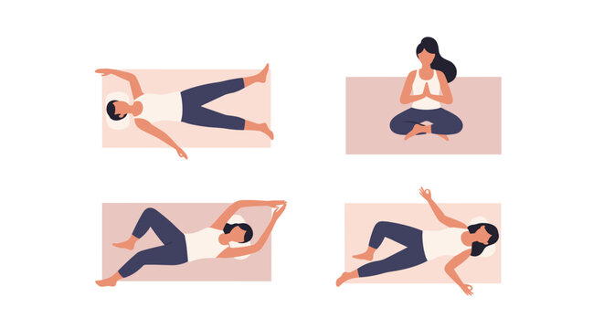 Set of four figures in various yoga poses, including meditation and stretching, on soft pastel mats, vector illustration