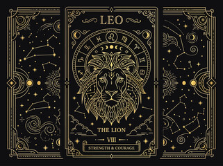 Luxury Gold Leo Zodiac Astrology Illustration - Ornate Tarot Card Style Lion with Celestial Constellations and Mystical Symbols © Rayyan