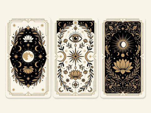 Set of 3 Mystical Tarot Cards with Celestial and Floral Symbols: Moon, Sun, Lotus Flower, and Third Eye in Elegant Gold and Black Esoteric Vector Illustration