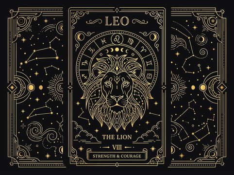 Luxury Gold Leo Zodiac Astrology Illustration - Ornate Tarot Card Style Lion with Celestial Constellations and Mystical Symbols