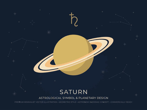 Saturn Planet and Astrological Symbol Minimalist Vector Illustration with Starry Space Background and Zodiac Constellations