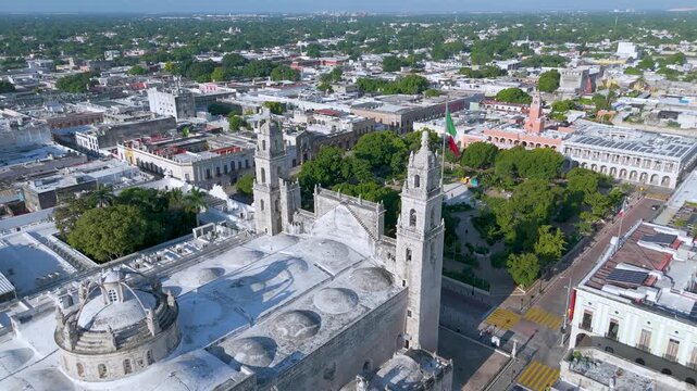 Aerial perspective of the Main Square featuring the Cathedral and Government Palace in Merida Mexico.